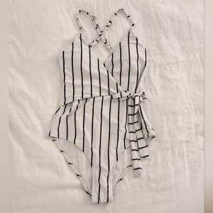 White Wrap Tie V-Neck One Piece Swimsuit, Adjustable Crossback Straps, Size S